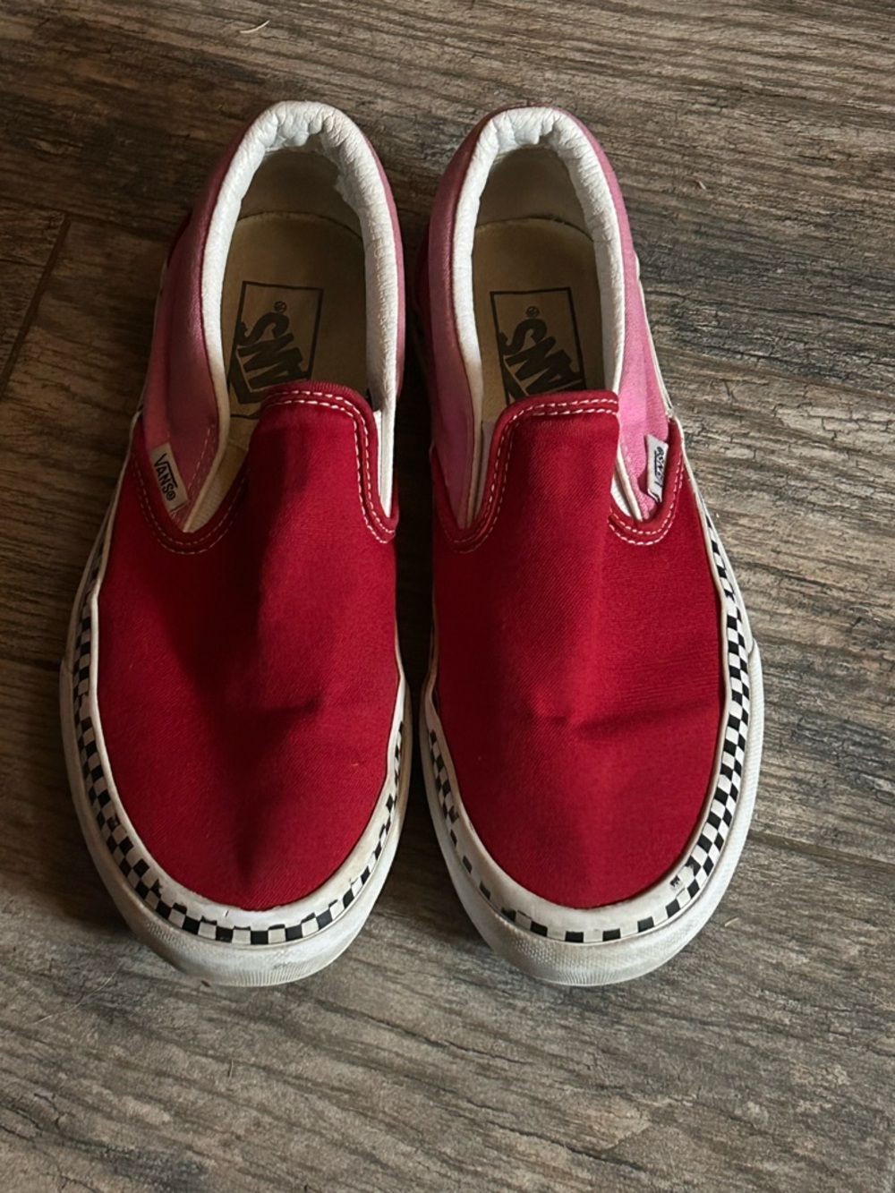 Vans Red Slip-On Sneakers with Black & White Checker Trim
